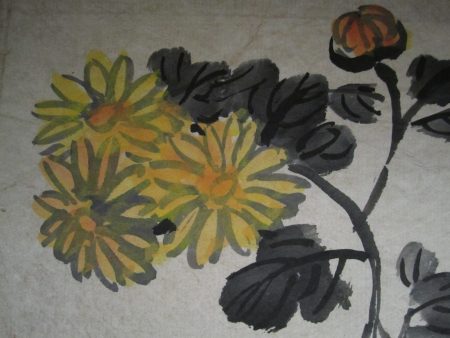 David Hu Original Sumi Ink Painting Autumn flowers Yellow & Orange Signed Framed Supply