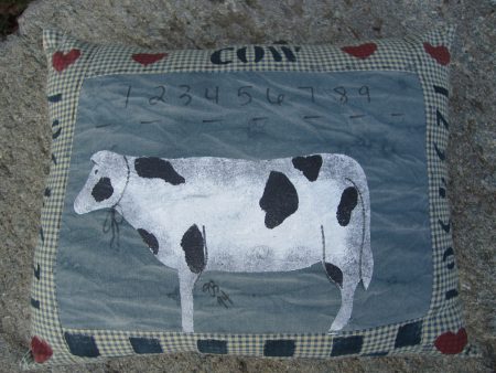 Cow Pillow American Primitive Folk Art numbers hearts signed JB dated 1994 Cheap